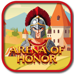 Arena of Honor icon: a Roman soldier in a silver helmet with a red plume and crimson cape, in front of a hill town, with gold lettering