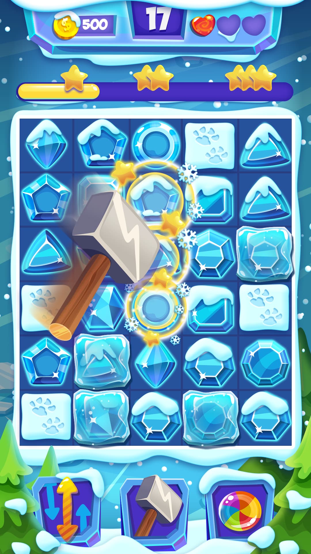 Arena of Honor board: icy blue gems on a snowy grid, a stone hammer, a virtual coin counter, and pine trees